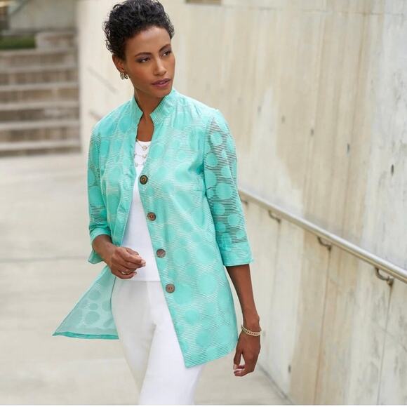 Ming Wang Bubble Textured Tunic Jacket Mandarin Collar in "Mint" Green Size L - Picture 2 of 12